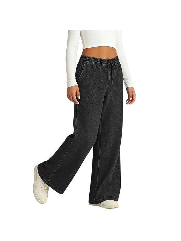 Big Girls Baggy Jeans Elastic Waisted Drawstring Wide Leg Pants Tweens Trendy Y2K Stretchy Pants with Pockets Size 7-16 Years