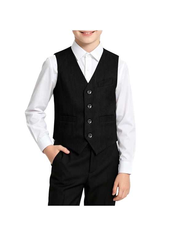 Boys 4 Button Suit Vests Kids Formal Waistcoat Vest with 3 Pockets Vest for Wedding Party 5-15 Years