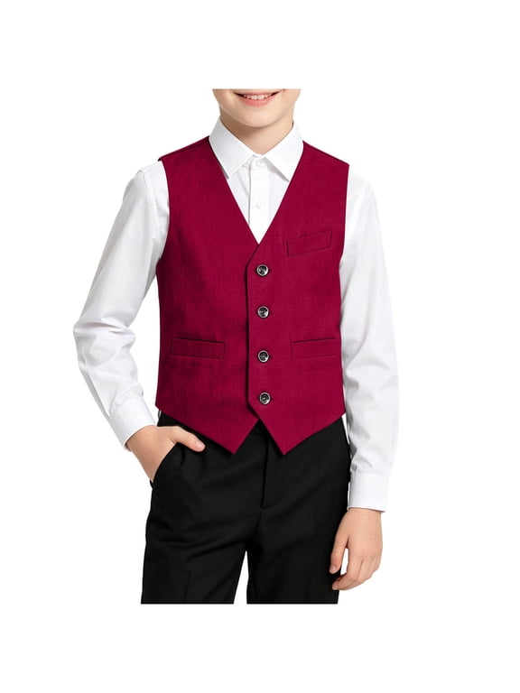 Boys 4 Button Suit Vests Kids Formal Waistcoat Vest with 3 Pockets Vest for Wedding Party 5-15 Years