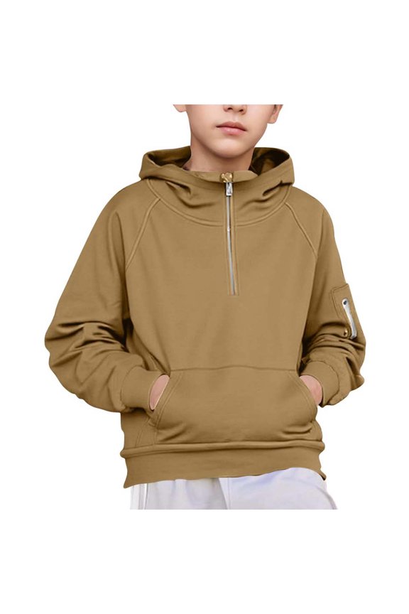 Boys (5-14Y) Quarter-Zip Hoodie Raglan-Sleeve Pullover Long Sleeve Solid Color Casual Sweatshirt with Pockets, for Family Hikes