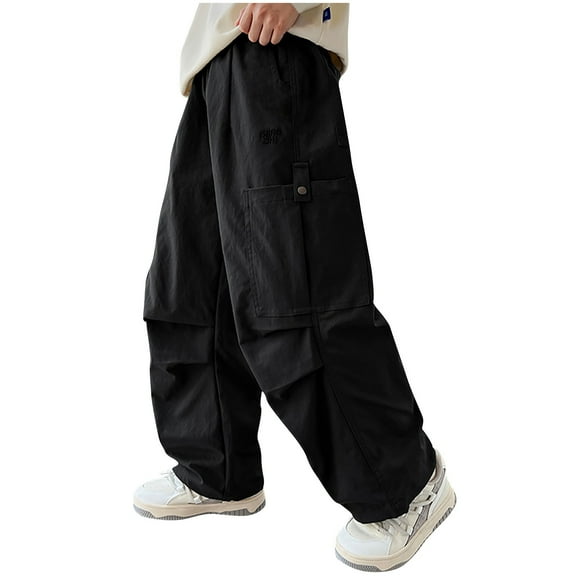 BFHHYA Boys (5-15Y) Wide-Leg Cargo Pants Lightweight Elastic Waist Multi-Pocket Casual Pants Loose Outdoor Trousers for Spring Outdoor Hikes