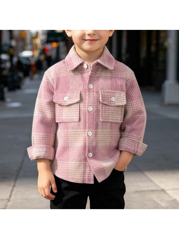 Boys Button Down Jackets Roll Up Long Sleeve Plaid Shirts Trendy Casual Lapel Coat with Chest Pockets Fall Winter Warm Outfits
