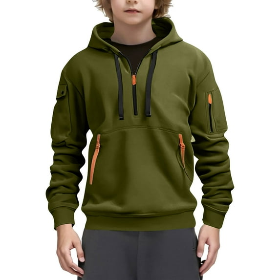 BFHHYA Boys Cargo Hooded Sweatshirt Quarter-Zip Long Sleeve Colorblock Pullover Multiple Pockets Hoodie for Outdoor & Weekend Errands (5-15Y)