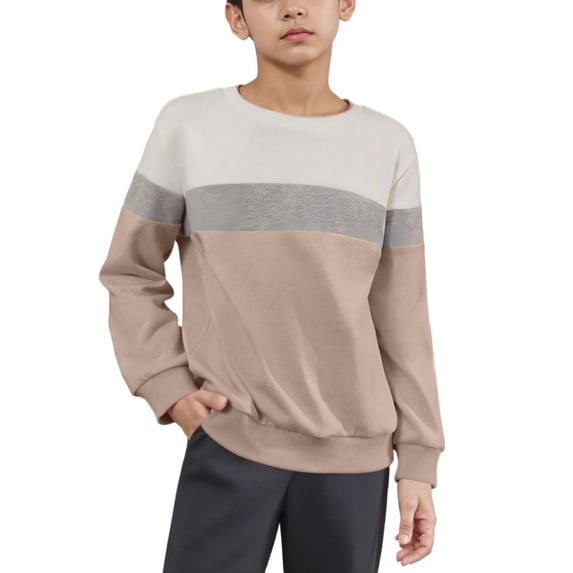 BFHHYA Boys' Colorblock Sweatshirt Kids Light Fleece Long-Sleeve Crew Neck Pullover Basic Top for Daily Commutes & Outdoor Play(1-15Y)