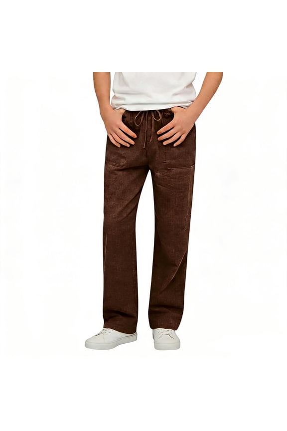 Boys Cotton Linen Pants Casual Drawstring Elastic Waist Straight Leg Pants Loose Summer Beach Pants Size 4-15 Years