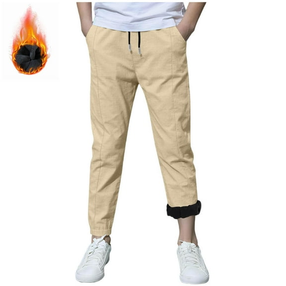 BFHHYA Boys' Fleece-Lined Casual Pants Drawstring Elastic-Waist Warm Pants Cuffed Athletic Pants for Fall/Winter Cold-Day Outings(4-12Y)