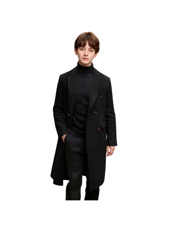 Boys' Long Wool-Blend Coat Double-Breasted Notch Collar Casual Trench Coat Warm Outerwear for Formal Occasions & Winter Travel (5-14Y)