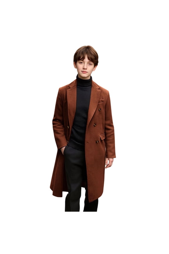 Boys' Long Wool-Blend Coat Double-Breasted Notch Collar Casual Trench Coat Warm Outerwear for Formal Occasions & Winter Travel (5-14Y)