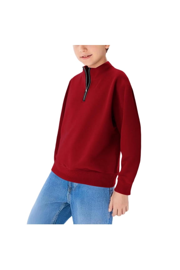 Boys' Quarter-Zip Sweatshirt Light Fleece Stand-Collar Pullover Long Sleeve Basic Top for Fall/Winter After-School Play(5-14Y)