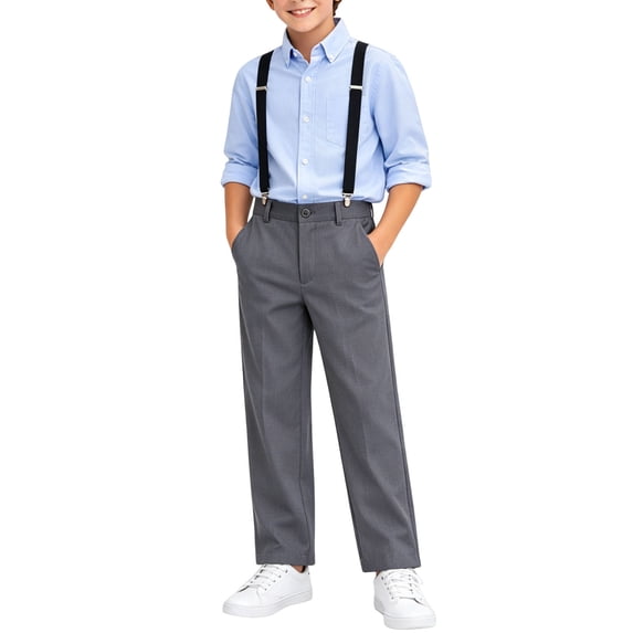BFHHYA Boys Suspender Dress Pants Straight Leg Formal Pants with Detachable Braces School Unifrom Pants for Wedding Graduation