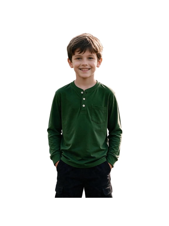Boys T Shirts Teens 5-15 Years Spring Fall Long Sleeve Henley Tops Solid Casual Button Up Basic Layer Tee Army Green 120