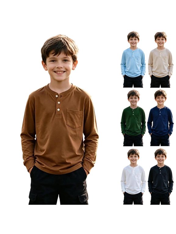Boys T Shirts Teens 5-15 Years Spring Fall Long Sleeve Henley Tops Solid Casual Button Up Basic Layer Tee Army Green 160