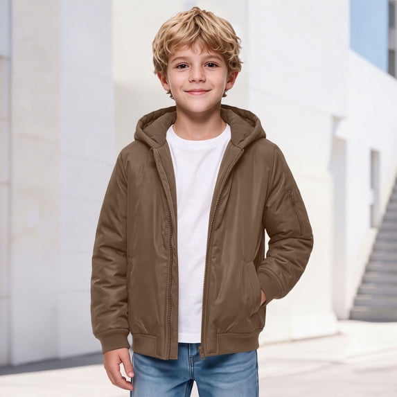 BFHHYA Boys Winter Coat Teens Youth Casual Zip up Quilted Jackets Windproof Windbreaker Kids Long Sleeve Hooded Outwear with Pockets 5-16 Years