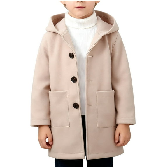 BFHHYA Boys' Wool-Blend Coat Kids Hooded Single-Breasted Trench Coat Fall Winter Casual Warm Peacoat for School Commutes & Family Trips(2-10 Years)