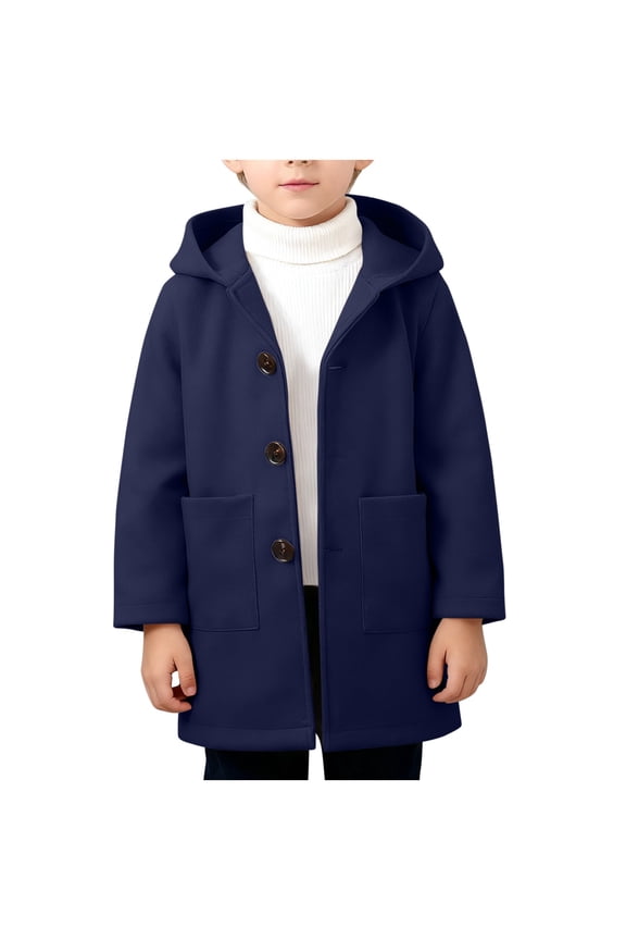 Boys' Wool-Blend Coat Kids Hooded Single-Breasted Trench Coat Fall Winter Casual Warm Peacoat for School Commutes & Family Trips(2-10 Years)