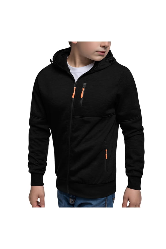 Boys Zip-Up Hooded Jacket Light Fleece Long Sleeve Athletic Sweatshirt Casual Outerwear with Zip Pockets, for After-School Activities (5-15Y)