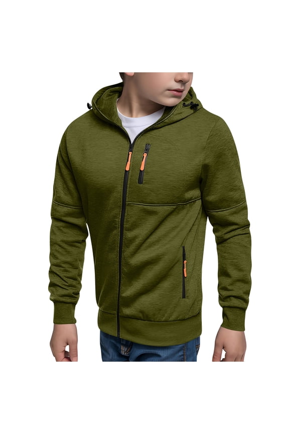 Boys Zip-Up Hooded Jacket Light Fleece Long Sleeve Athletic Sweatshirt Casual Outerwear with Zip Pockets, for After-School Activities (5-15Y)