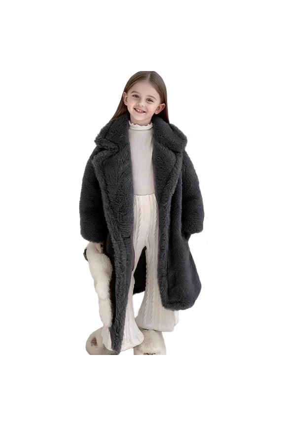 Girls (2-10Y) Teddy Long Coat Little Girl Sherpa Thickened Notch-Collar Warm Outerwear Fleece Button-Up Fashion Overcoat for Winter Family Outings