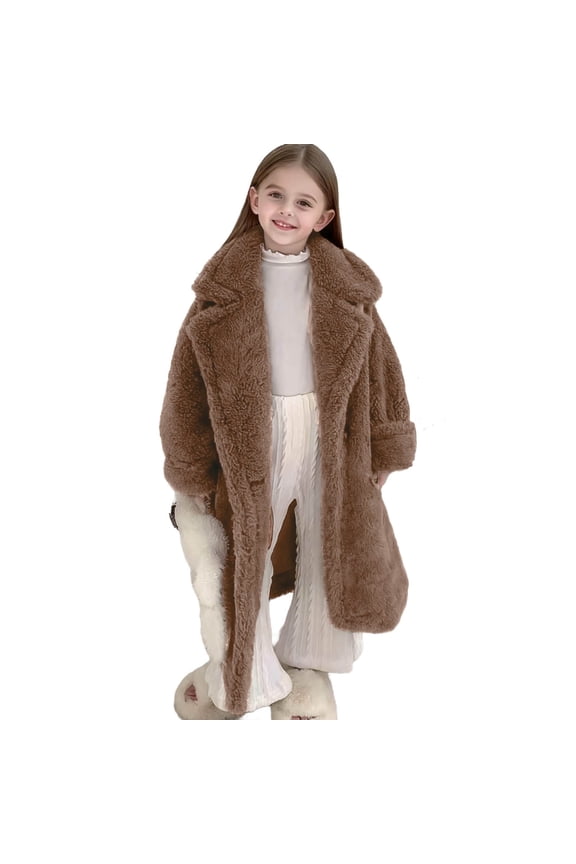 Girls (2-10Y) Teddy Long Coat Little Girl Sherpa Thickened Notch-Collar Warm Outerwear Fleece Button-Up Fashion Overcoat for Winter Family Outings
