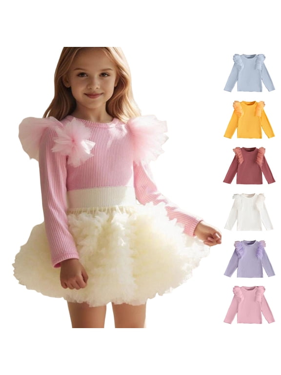 Girls (2-8Y) Ribbed Base Layer Top Kids Mesh Long Sleeve Crew Neck Thermal Shirt Solid Color Casual Top for Fall Winter Daily Outings
