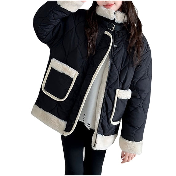 BFHHYA Girls' (4-14Y) Sherpa-Lined Jacket Shearling Stand-Collar Full Zip Warm Coat Casual Winter Outerwear