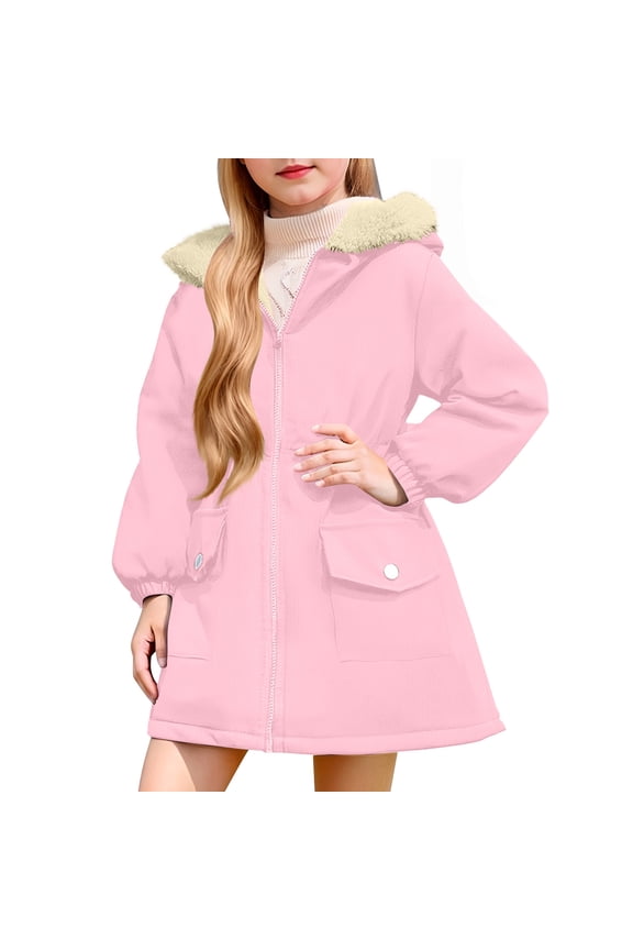 Girls (8-16Y) Winter Fleece-Lined Coat Mid-Length Zip-Up Hooded Parka Waist Cinch Long-Sleeve Warm Outerwear with Flap Pockets for School Commutes