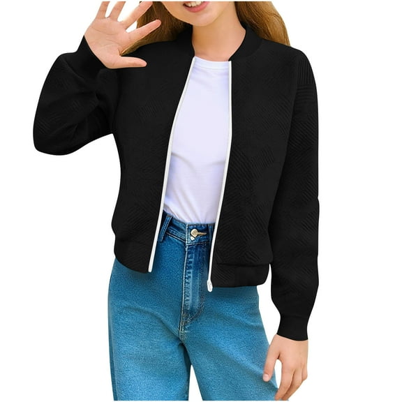 BFHHYA Girls Baseball Jacket Zip-Up Casual Jacquard Jacket Fall Long Sleeve Athletic Jacket for Weekend Outings (5-14Y)
