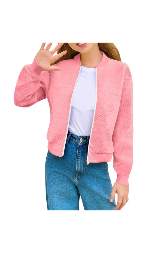 Girls Baseball Jacket Zip-Up Casual Jacquard Jacket Fall Long Sleeve Athletic Jacket for Weekend Outings (5-14Y)