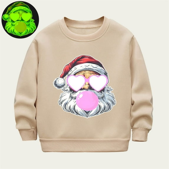 BFHHYA Girls Boys Christmas Sweatshirt Kids Glow-in-the-Dark Santa Printed Pullover Crew-Neck Long Sleeve Sweatshirt for Christmas Eve & Nightly Walks(2-12Y)