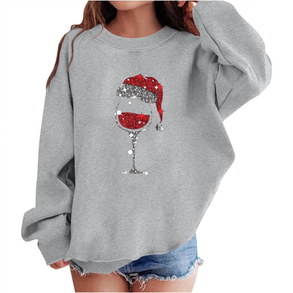 BFHHYA Girls Boys Christmas Sweatshirt Kids Wine Glass Print Crew Neck Sweatshirt Long Sleeve Casual Pullover for Holiday Photos (1-13Y)