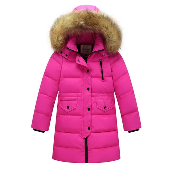 BFHHYA Girls Boys Winter Long Puffer Jacket Furry Collar Hooded Quilted Coat Thickened Warm Zip-Up & Button Outerwear for Cold Days Kids (2-15Y)