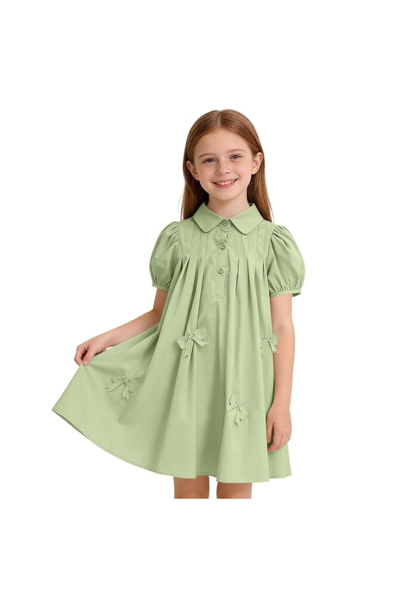 Girls Button Down Collar A Line Dress Puff Short Sleeve Bow Tie Back Flowy Dresses Tween Summer Mini Dress 4-16 Years