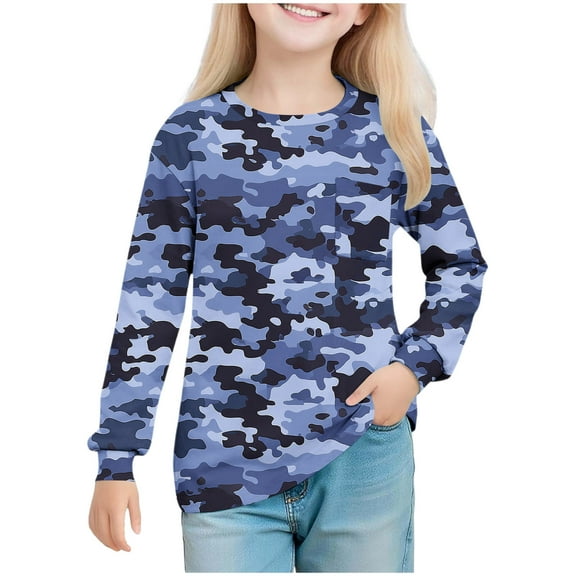 BFHHYA Girls' Camo Long Sleeve Top Crew Neck Casual Shirt Loose Fit Pullover for Kids for Weekend Outdoor Play 5-14Y
