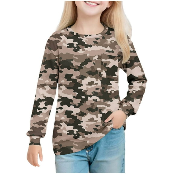 BFHHYA Girls' Camo Long Sleeve Top Crew Neck Casual Shirt Loose Fit Pullover for Kids for Weekend Outdoor Play 5-14Y