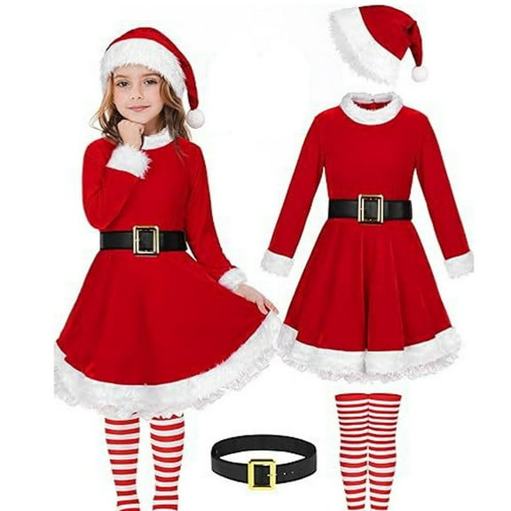 BFHHYA Girls Christmas Santa Claus Costume Red Long Sleeve Dress with Belt, Xmas Dress Up Party Outfit Holiday Hat Belt Socks Set 3-11Y