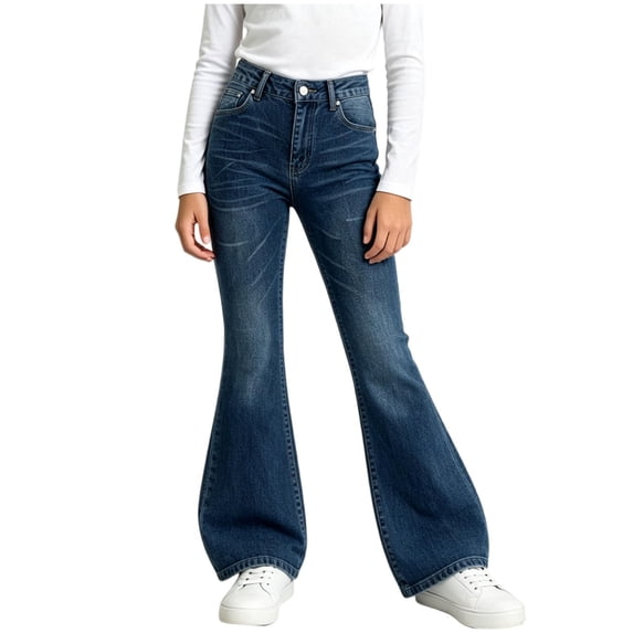 BFHHYA Girls Classic Washed Flared Jeans Stretchy High Waist Denim Pants Kids Casual Daily Bootcut Trousers for 12-16 Years