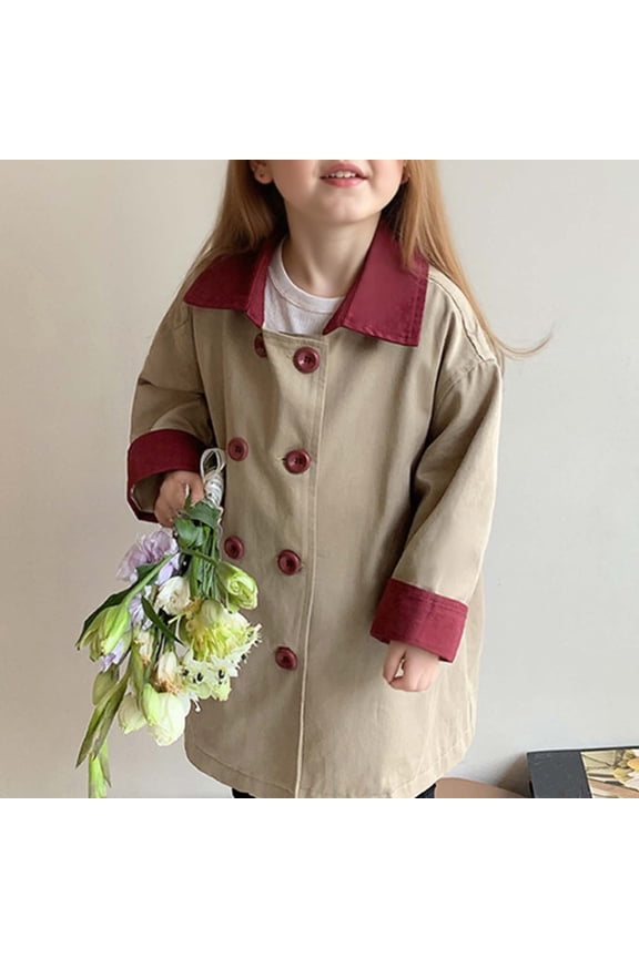 Girls' Color-Block Trench Coat Kids Double Breasted Mid-Length Lightweight Jacket Collared Casual Fall Outfits for Weekend Shopping & Casual Outings(2-10Y)