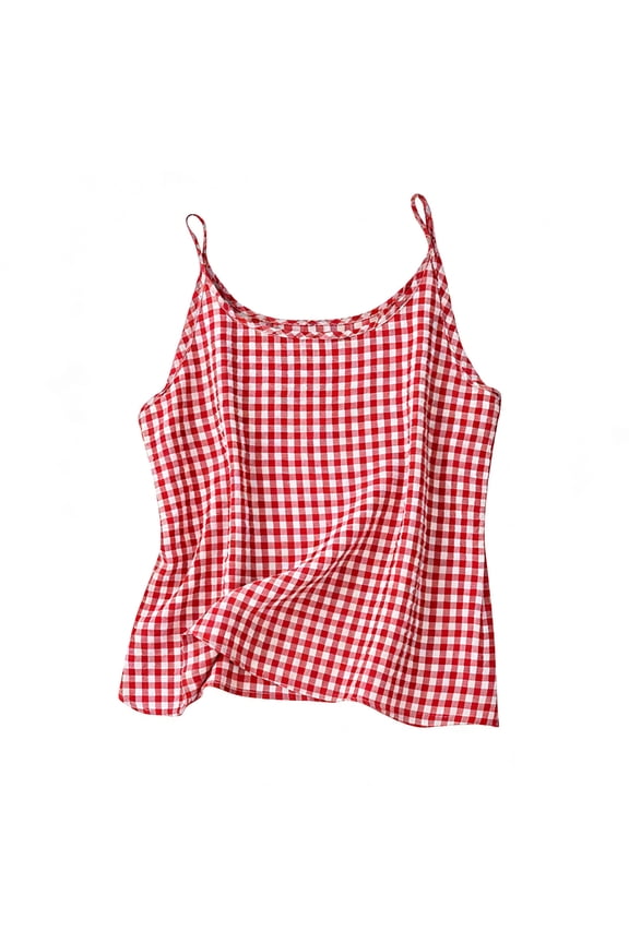 Girls Cotton Linen Camisole Tops Plaid Spaghetti Strap Tank Top Summer Casual Sleeveless Top for Girls Ages 4-13 Years