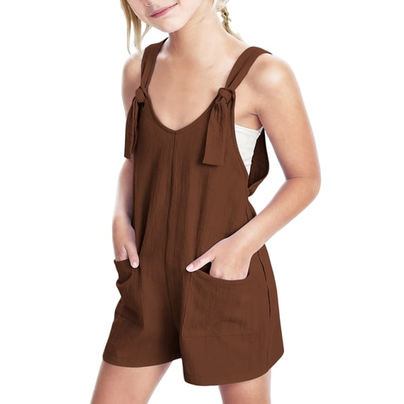 BFHHYA Girls Cotton Linen Rompers Spaghetti Strap Sleeveless V-Neck Shorts Jumpsuits Fashion Summer Rompers with Pockets 5-14 Y
