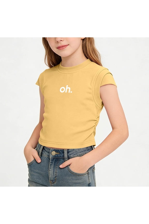 Girls Cotton Print Shirts Short Sleeve Crewneck Ruched Cropped Tops Tween Fashion Casual Summer T-Shirts Size 1-12 Years
