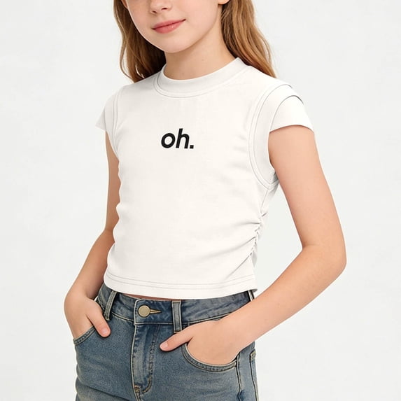 BFHHYA Girls Cotton Print Shirts Short Sleeve Crewneck Ruched Cropped Tops Tween Fashion Casual Summer T-Shirts Size 1-12 Years