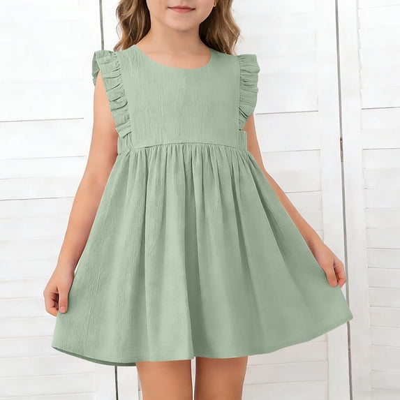 BFHHYA Girls Cotton Sleeveless Dress Ruffle Trim Round Neck Swing Dress Summer Flowy Sundress for Girls Size 2-7 Years