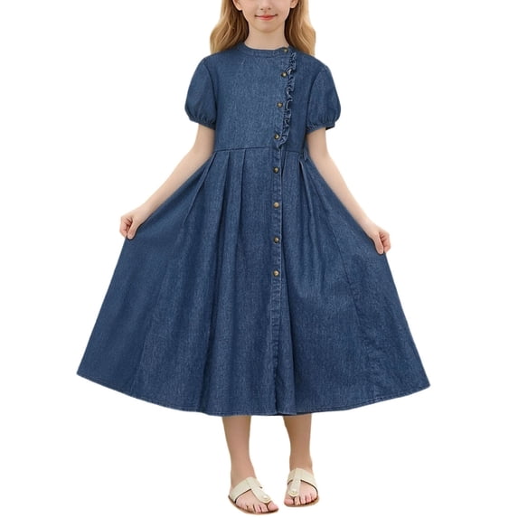 BFHHYA Girls Denim Maxi Dress Botton Down Puff Short Sleeve Shirt Dress Casual A Line Flowing Dress for Girls Size 8-14 Years