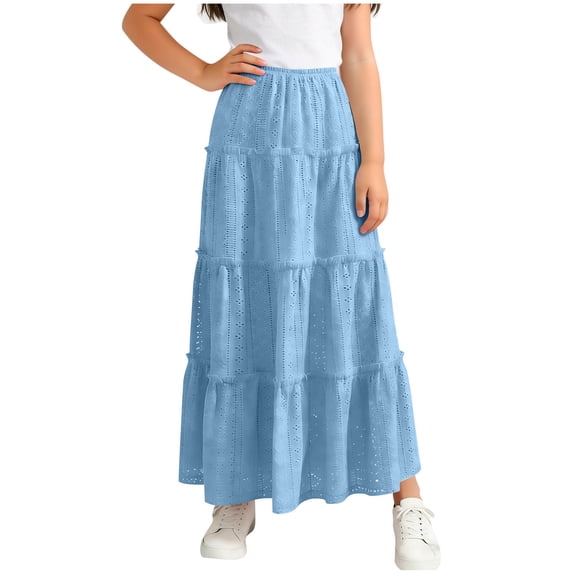 BFHHYA Girls Eyelet Maxi Skirt Ruffle High Waisted Flowy Skirts Tiered A-Line Swing Skirt for Girls Size 4-15 Years