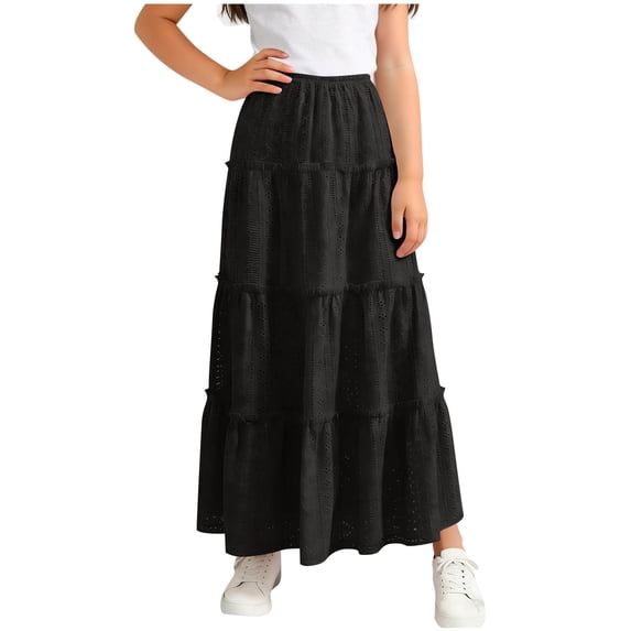 BFHHYA Girls Eyelet Maxi Skirt Ruffle High Waisted Flowy Skirts Tiered A-Line Swing Skirt for Girls Size 4-15 Years