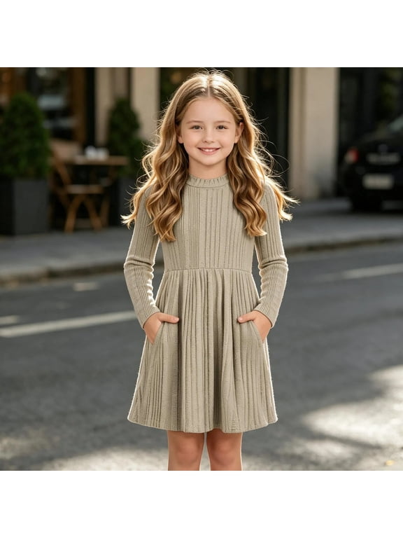 Girls Fall Long Sleeve Dress Lightweight Ribbed Knit Crewnck Dress Solid Casual A Line Swing Dress 5-15 Years