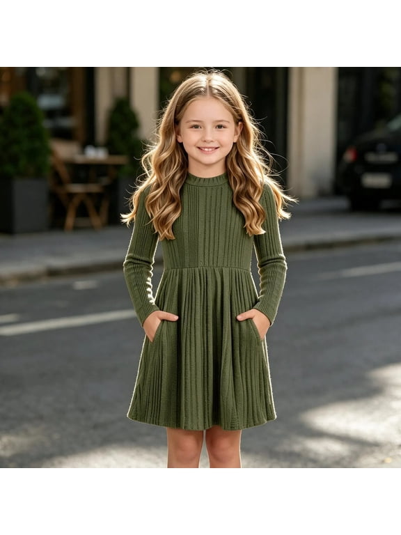 Girls Fall Long Sleeve Dress Lightweight Ribbed Knit Crewnck Dress Solid Casual A Line Swing Dress 5-15 Years