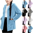 thumbnail image 1 of BFHHYA Girls Fall Winter Fuzzy Cardigan Lightweight Casual Hooded Jacket Long Sleeve Warm Outerwear for Layering with Pockets (5-15Y), 1 of 8