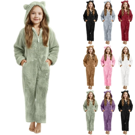 BFHHYA Girls' Fall Winter Fuzzy Onesie Pajamas Kids Teen Girls Zip-Up Hooded Warm Jumpsuits Sleepwear with Pockets, for Holiday Family Gatherings(5-15Y)