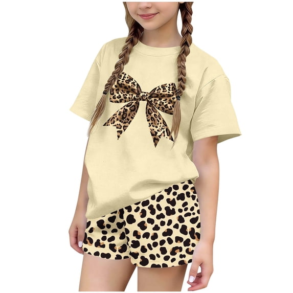 BFHHYA Girls Fashion Print Outfits 2PCS Round Neck Short Sleeve Top Elastic Waisted Shorts Tween Casual Loose Sets 3-15 Years